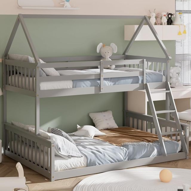 KOMFOTT Twin Over Full Wood House Bunk Bed with Integrated Ladder & Safety Guardrails, Convertible to 2 Beds