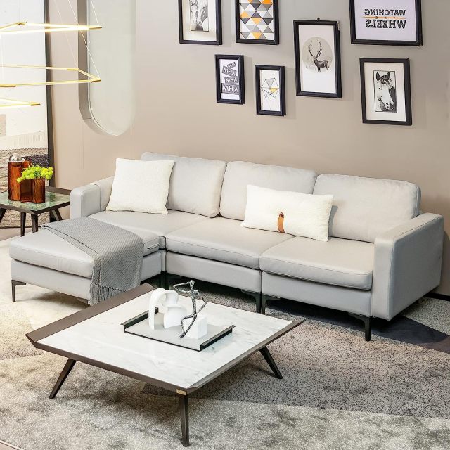 KOMFOTT Convertible Sectional Sofa Couch, 3-Seat L Shaped Couch with Reversible Ottoman, Built-in Socket & USB Ports