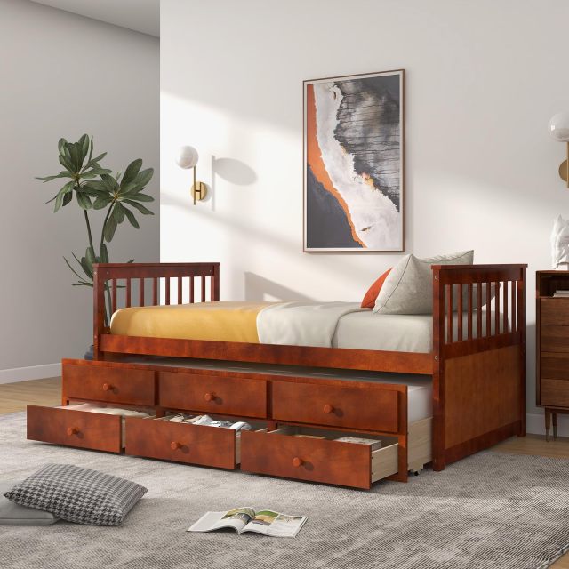 KOMFOTT Twin Size Wooden Captain Daybed with Trundle and 3 Storage Drawers