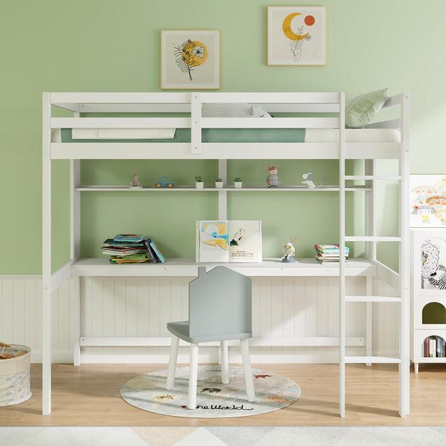 KOMFOTT Twin Size Loft Bed with Desk, Bookshelf, Full Length Safety Guardrail & Ladder