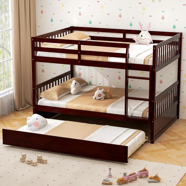 KOMFOTT Full Over Full Wood Bunk Bed with Trundle, Ladder, Solid Wood Frame & Safety Guardrails
