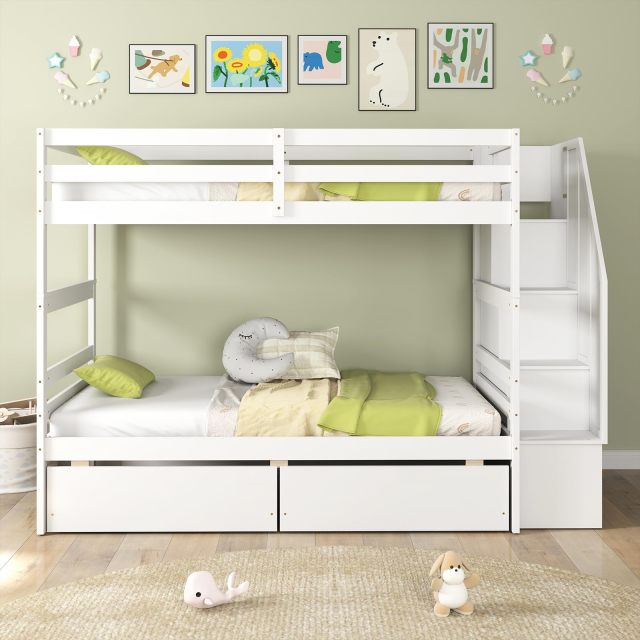 KOMFOTT Wood Twin Over Twin Bunk Bed with 2 Storage Drawers & Stairs