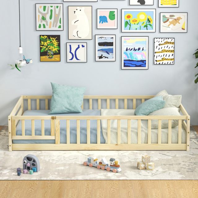 KOMFOTT Twin Floor Bed with Door & Fence, Kids Wood Montessori Bed with Safety Guardrails