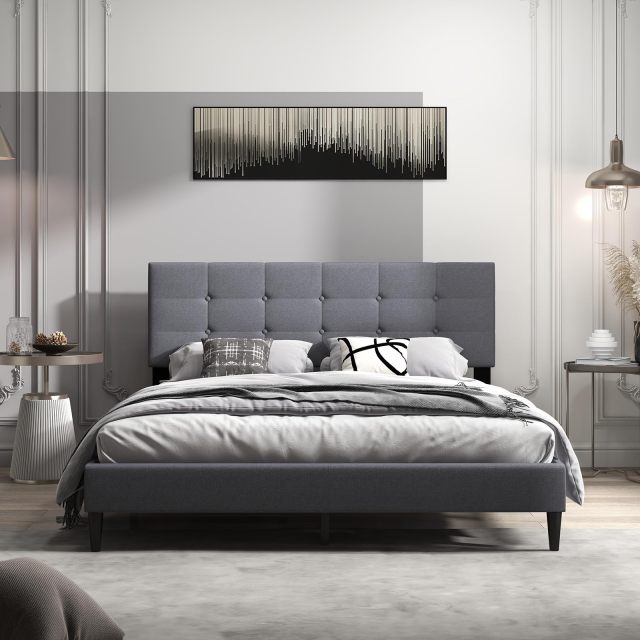 KOMFOTT Twin/Queen Size Upholstered Platform Bed Frame with Button Tufted Linen Fabric Headboard