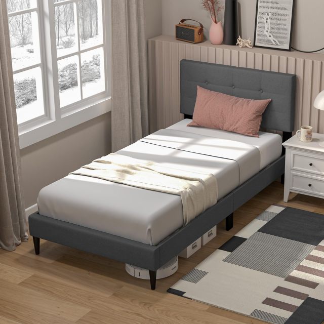 KOMFOTT Twin/Queen Size Upholstered Platform Bed Frame with Button Tufted Linen Fabric Headboard