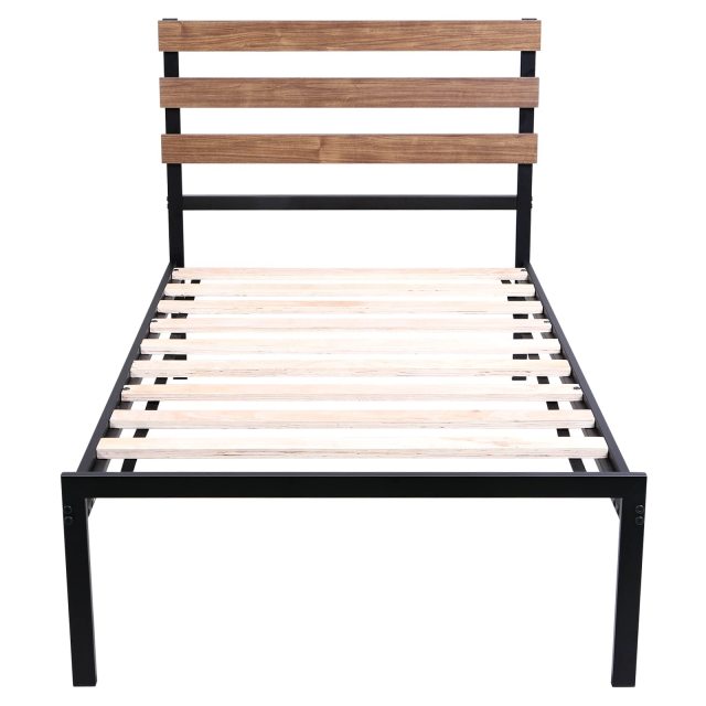 KOMFOTT Metal Bed Frame with Wood Headboard and Slats