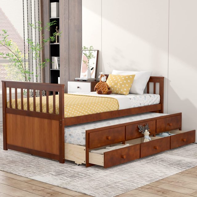 KOMFOTT Twin Size Wooden Captain Daybed with Trundle and 3 Storage Drawers