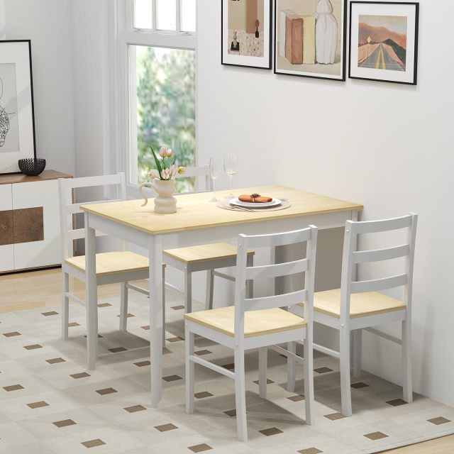 KOMFOTT Dining Table Set for 4, Farmhouse Solid Wood Dining Set w/Rubber Wood Legs