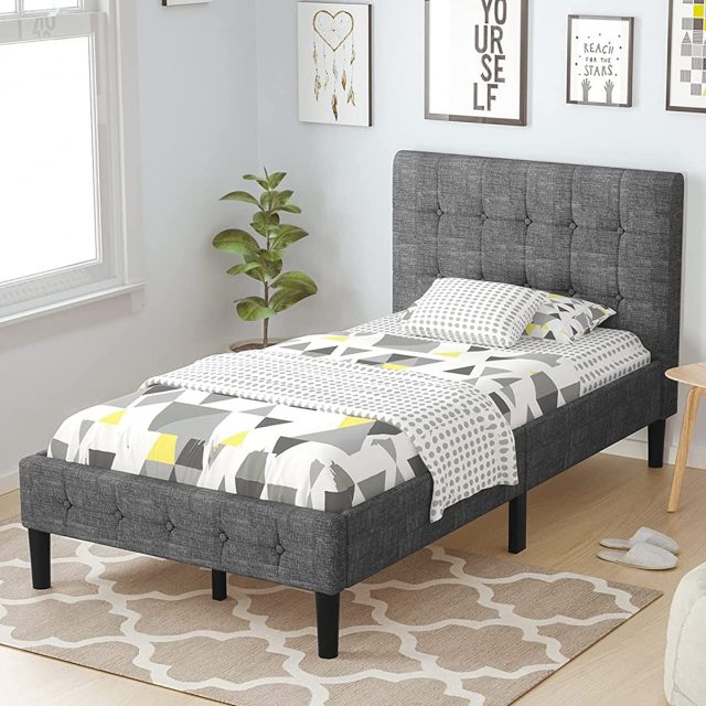 KOMFOTT Twin Size Upholstered Bed Frame, Modern Mattress Foundation with Solid Wood Slats Support