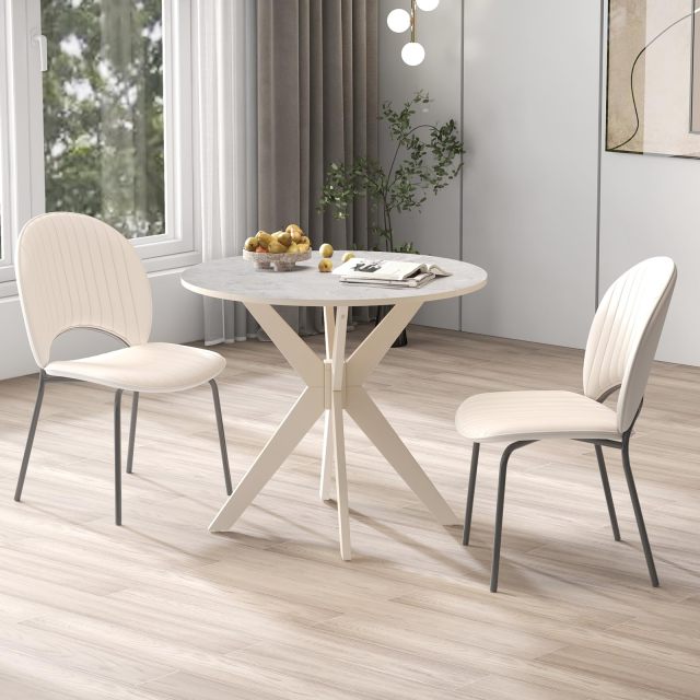KOMFOTT 36" Round Dining Table, Solid Wood Kitchen Table with Intersecting Pedestal Base and Adjustable Foot Pads