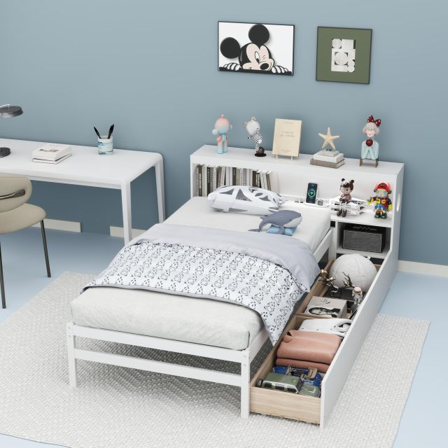 KOMFOTT Wood Twin Bed Frame with Storage Drawer & Headboard, Modern Platform Bed with Charging Station & LED Light