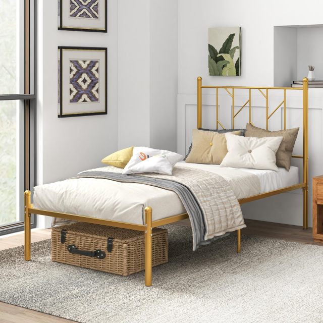 KOMFOTT Metal Bed Frame with Victorian Style Headboard, 14 Metal Slats Support