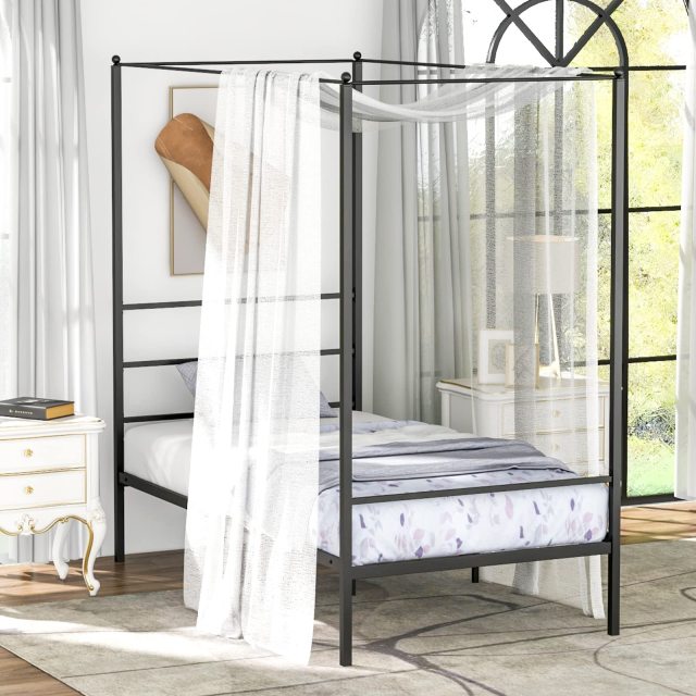 KOMFOTT Metal Canopy Bunk Bed, Modern 4 Poster Canopied Platform Bed with Headboard