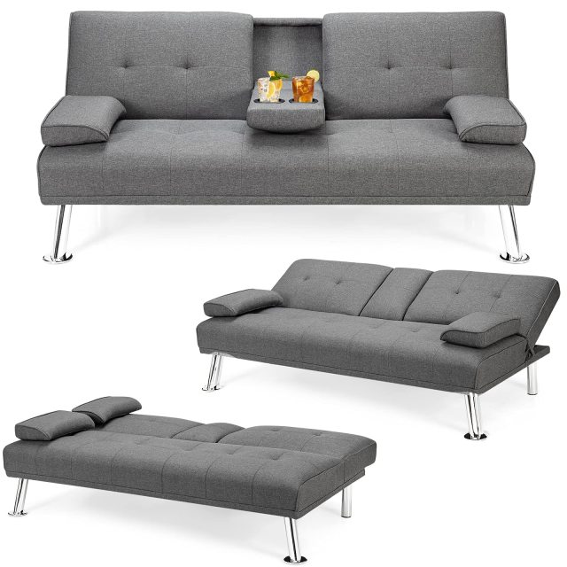 KOMFOTT Convertible Futon Sofa Bed with Adjustable Backrest & Removable Armrests, 2 Cup Holders