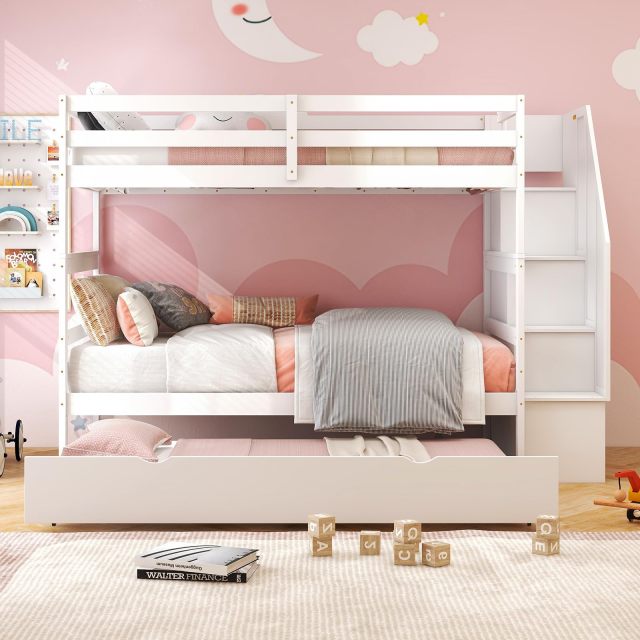 KOMFOTT Twin Over Twin Wood Bunk Bed with Trundle & Storage Stairs, Convertible to 2 Separated Beds