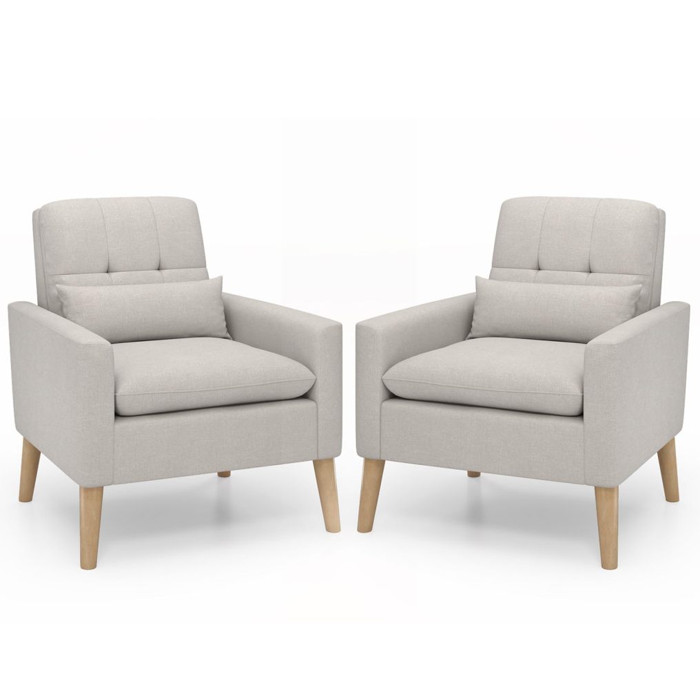 KOMFOTT Modern Linen Accent Chair, Upholstered Tufted Armchair with Lumbar Pillow, Rubber Wood Legs, Padded Cushion