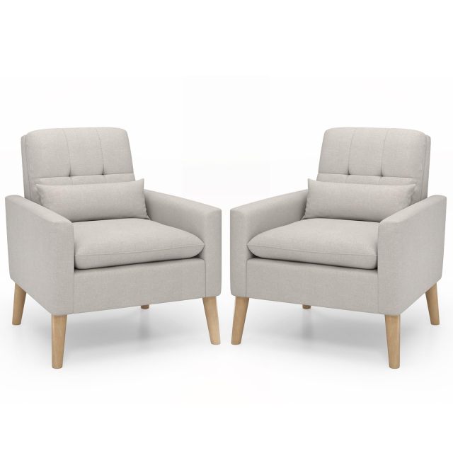 KOMFOTT Modern Linen Accent Chair, Upholstered Tufted Armchair with Lumbar Pillow, Rubber Wood Legs, Padded Cushion