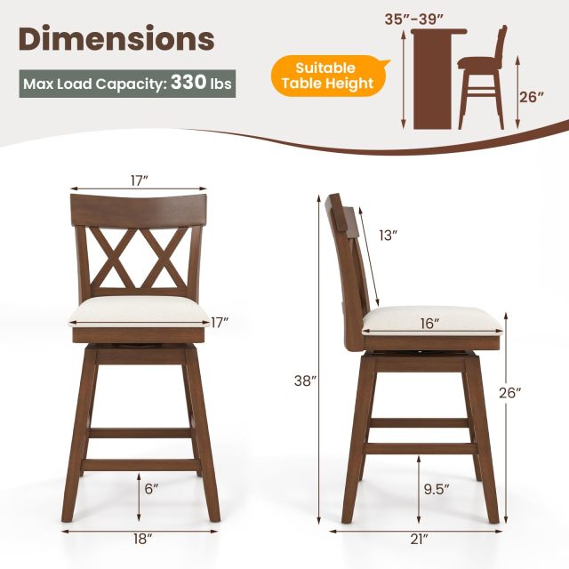 KOMFOTT Swivel Counter Height Bar Stool with Contoured Backrest, Padded Seat & Rubber Wood Legs