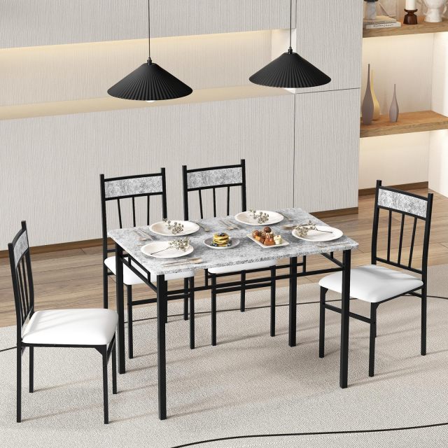 KOMFOTT 5 Piece Dining Table Set, Modern Rectangular Dining Table & Upholstered Chair Set w/Marble Tabletop