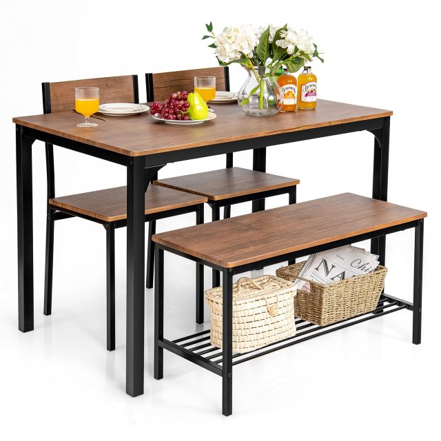 KOMFOTT Dining Table Set for 4, Kitchen Table and 2 Chairs for 4 with Bench