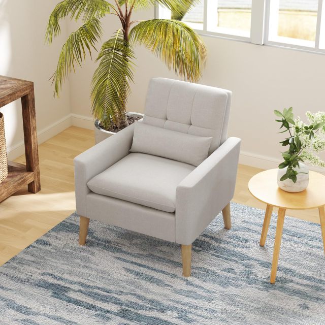 KOMFOTT Modern Linen Accent Chair, Upholstered Tufted Armchair with Lumbar Pillow, Rubber Wood Legs, Padded Cushion