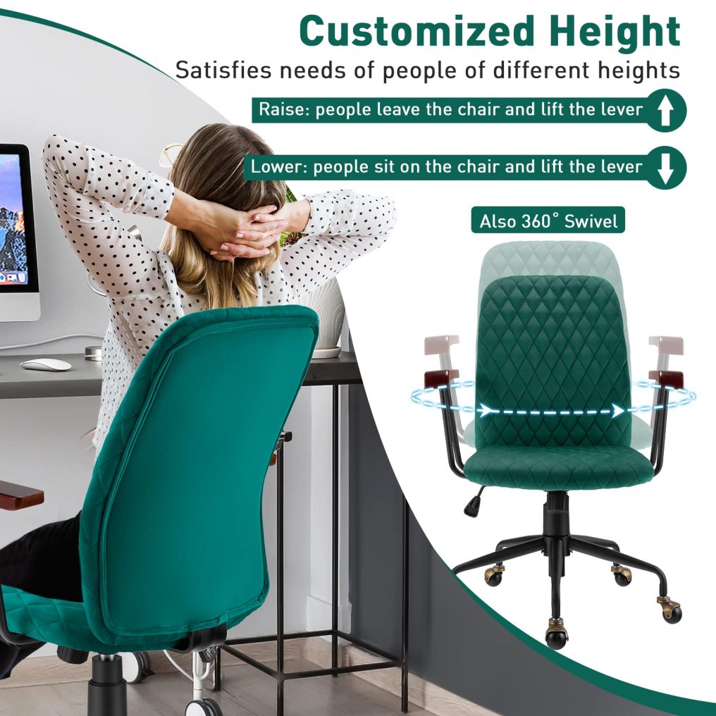 KOMFOTT Home Office Desk Chair, Vintage Adjustable Swivel Rolling Chair with Copper Wheels & Armrest