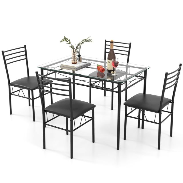 KOMFOTT 5 Piece Dining Table Set with Tempered Glass Table Top and 4 Upholstered Chairs