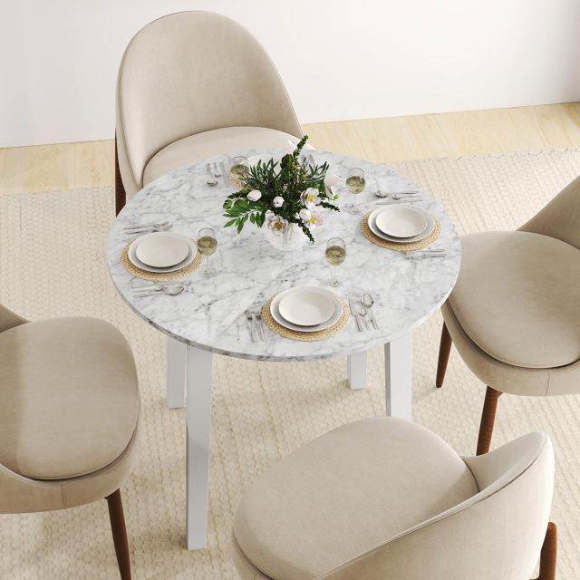 KOMFOTT Round Dining Table with Rubber Wood Legs, Marble-Textured Veneer Tabletop