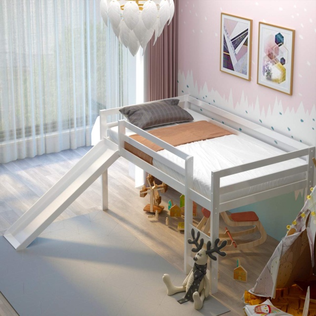 KOMFOTT Twin Size Wood Low Loft Bed with Slide, Ladder & Guard Rail