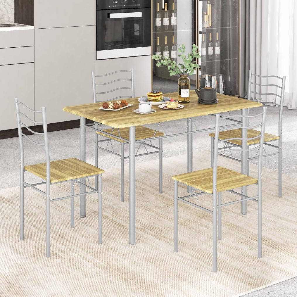 KOMFOTT 5 Piece Dining Table Set with 4 Chairs, Metal Frame Wood Like Tabletop Kitchen Furniture