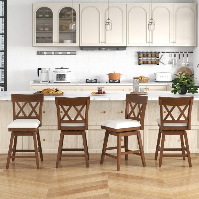 KOMFOTT Swivel Counter Height Bar Stool with Contoured Backrest, Padded Seat & Rubber Wood Legs