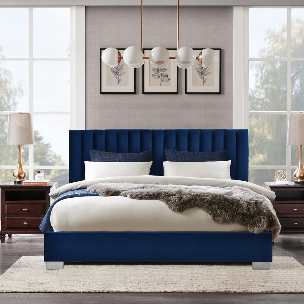 KOMFOTT Upholstered Bed Frame with Headboard, Heavy Duty Wood Slats Support & Mattress Foundation