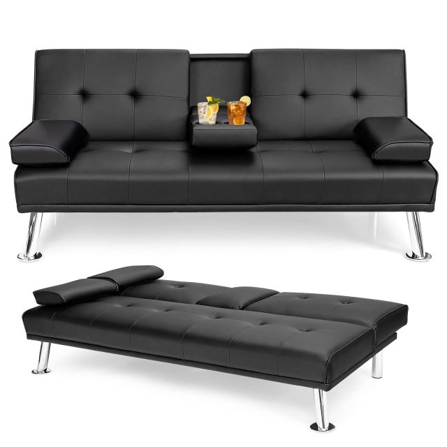 KOMFOTT Leather Convertible Futon Sofa Bed with Removable Armrests and 2 Cup Holders