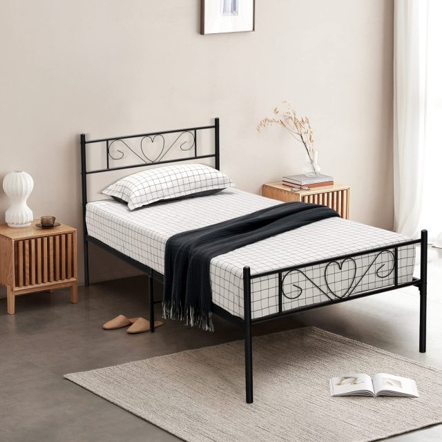 KOMFOTT Twin XL Metal Bed Frame with Heart-Shaped Headboard & Footboard