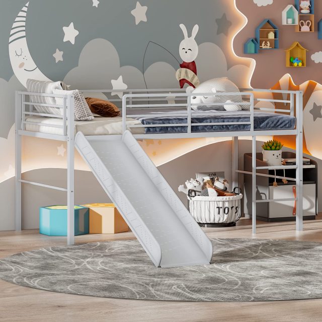 KOMFOTT Twin Metal Low Loft Bed with Slide, Safety Guardrails & Built-in Ladder