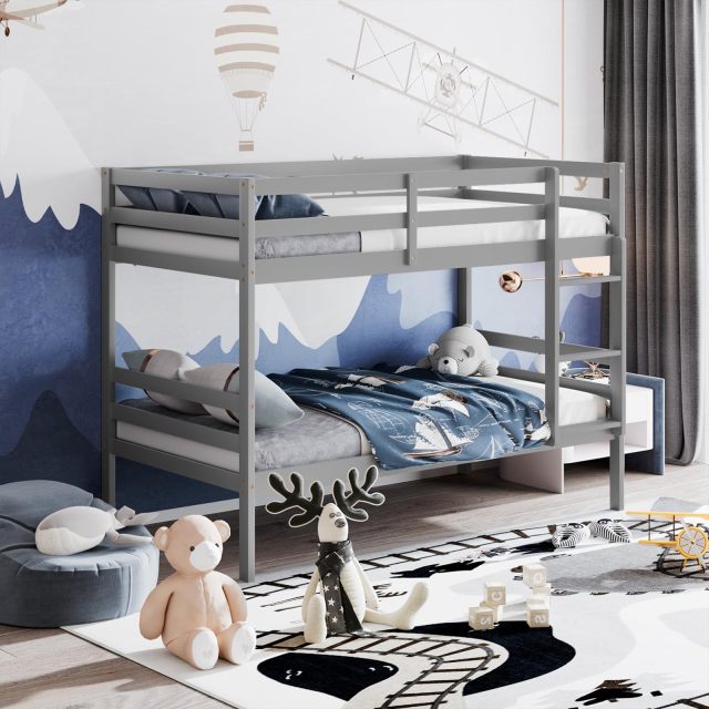 KOMFOTT Twin Over Twin Wood Bunk Bed with Ladder & Safety Guardrail