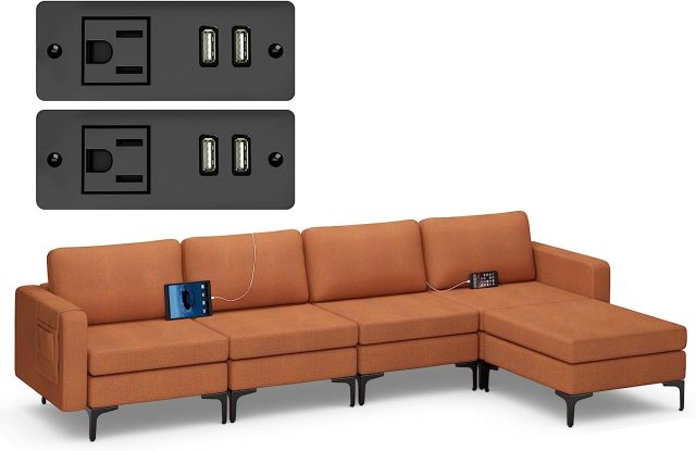 KOMFOTT 4 Seat Convertible L-Shaped Sofa Couch, 123 Inch Sectional Sleeper with 2 USB Ports Socket