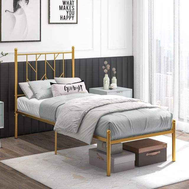 KOMFOTT Metal Bed Frame with Victorian Style Headboard, 14 Metal Slats Support