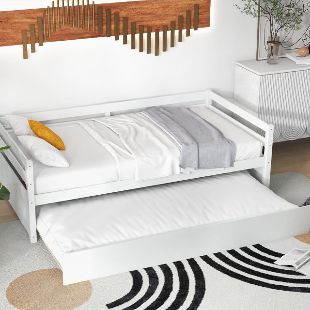 KOMFOTT Twin Daybed with Trundle, Wood Trundle Bed with Wood Slat Support
