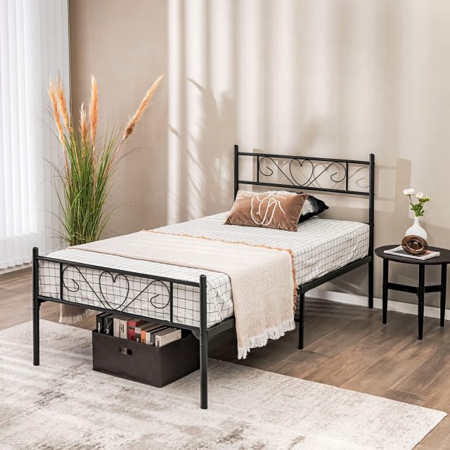 KOMFOTT Twin XL Metal Bed Frame with Heart-Shaped Headboard & Footboard