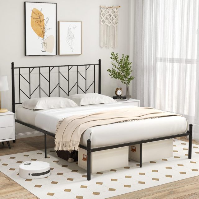 KOMFOTT Metal Bed Frame with Victorian Style Headboard, 14 Metal Slats Support