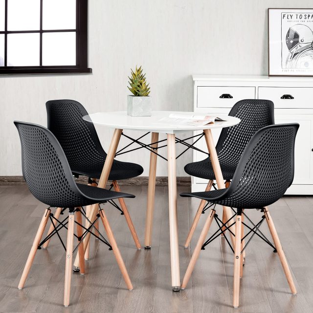KOMFOTT Set of 2/4 Modern Dining Chairs, Outdoor Indoor Shell PP Lounge Side Chairs with Mesh Design, Beech Wood Legs