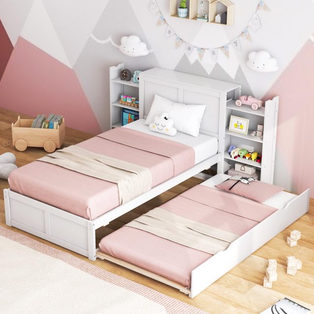 KOMFOTT Twin Wood Bed Frame with Trundle & 2 Rolling Bookcases & High Headboard