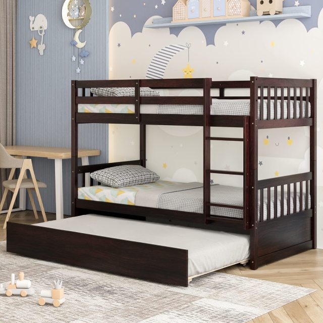 KOMFOTT Twin Over Twin Wood Bunk Bed with Trundle, 2-in-1 Convertible Bunk Bed with Ladder & Solid Wood Frame