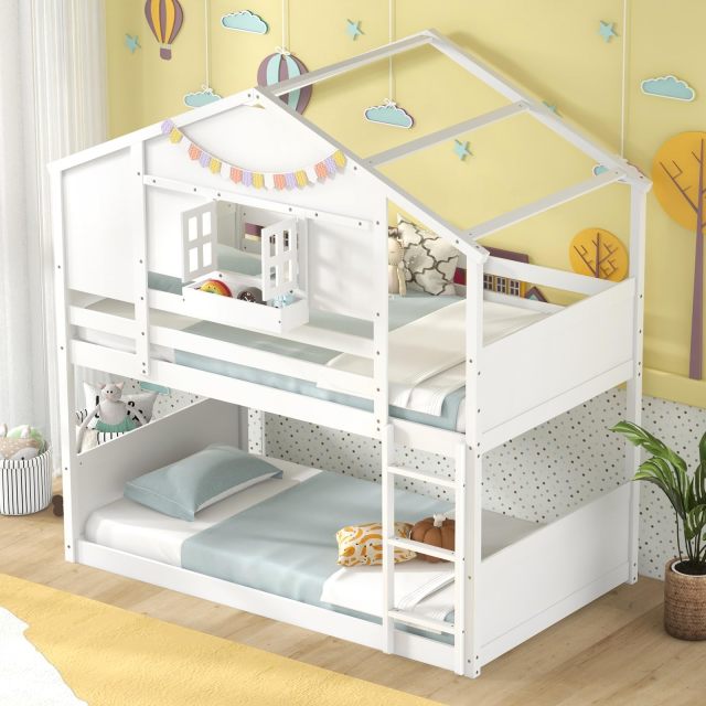KOMFOTT Twin Over Twin Wood House Bunk Bed for Kids with Roof, Window Door, Storage Box, Safety Guardrails, Wood Slats & Ladder
