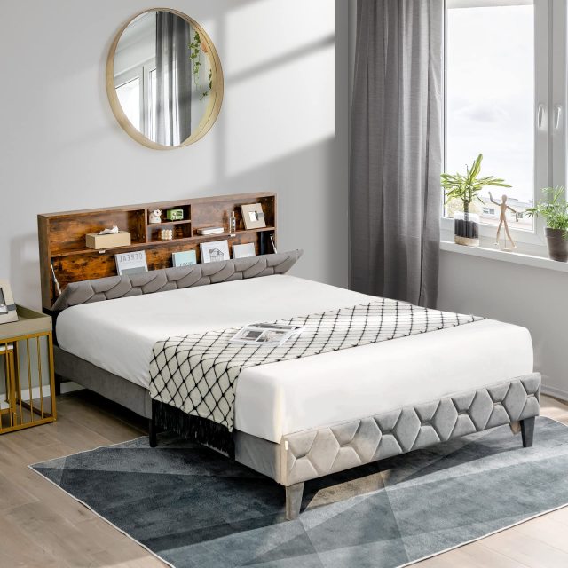 KOMFOTT Upholstered Full/Queen Bed Frame with Storage Headboard, Platform Bed Frame