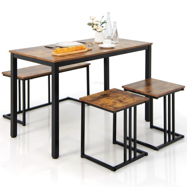 KOMFOTT 4 Piece Dining Table Set for 4 with Bench & 2 Stools, Space-Saving Desk Set