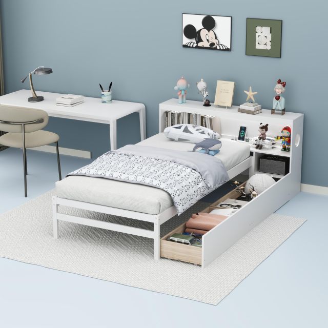KOMFOTT Wood Twin Bed Frame with Storage Drawer & Headboard, Modern Platform Bed with Charging Station & LED Light