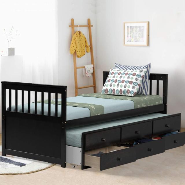 KOMFOTT Twin Captain’s Bed with Trundle Bed, Wood Storage Daybed with 3 Storage Drawers