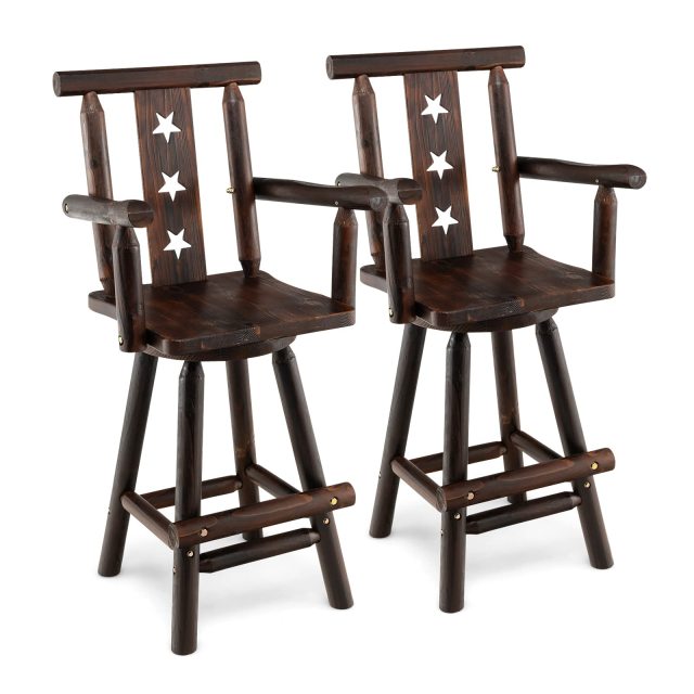 KOMFOTT 360° Swivel Wood Bar Stools Set of 2 with Footrest, Decorative Star Backrest, Wide Armrest